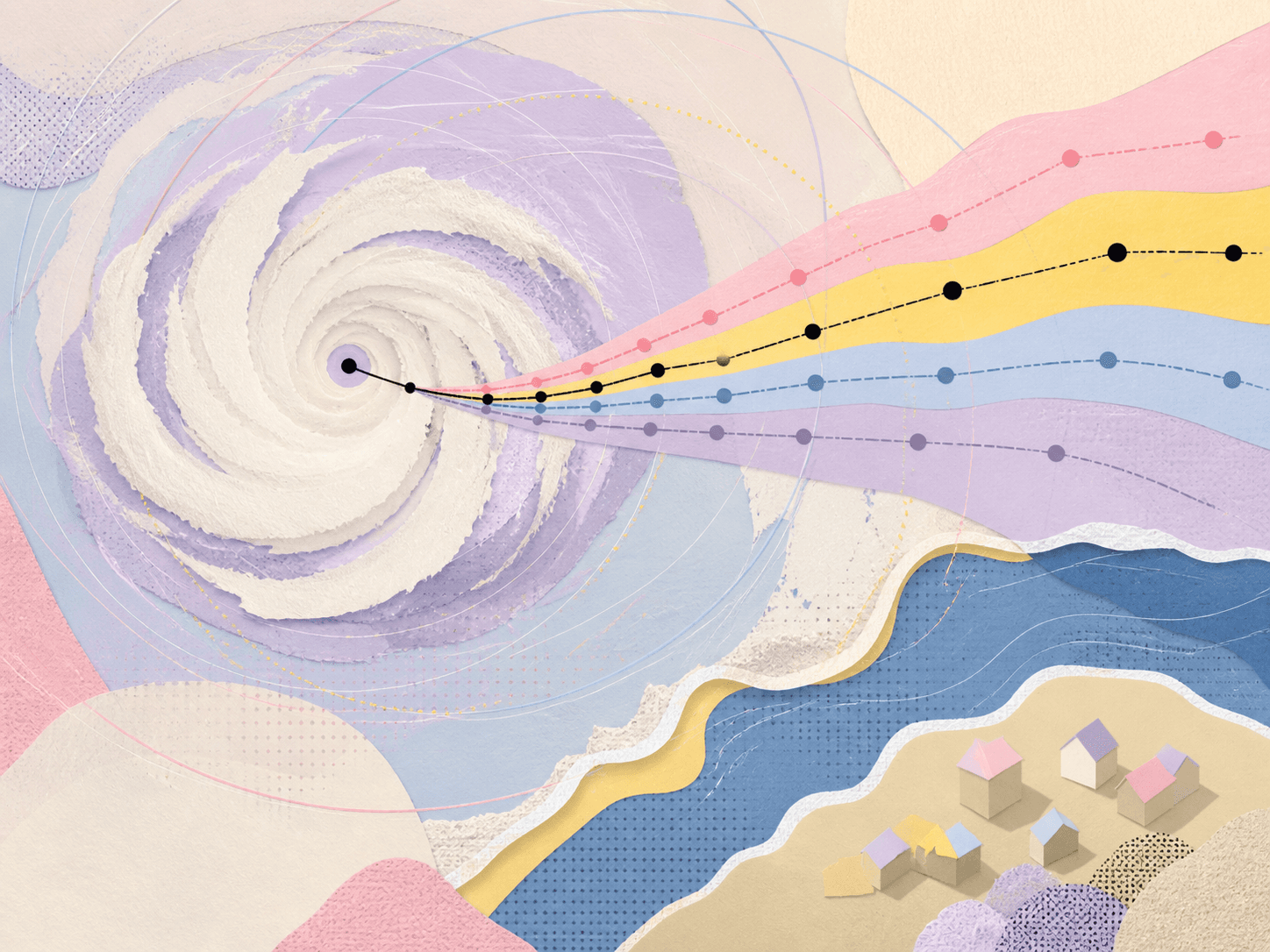 Collage editorial de un ciclón, rutas de pronóstico y una comunidad costera preparada