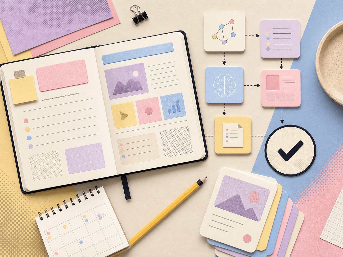 Mesa editorial con un cuaderno de lecciones, recursos educativos, flujos de IA y una marca de aprobación humana