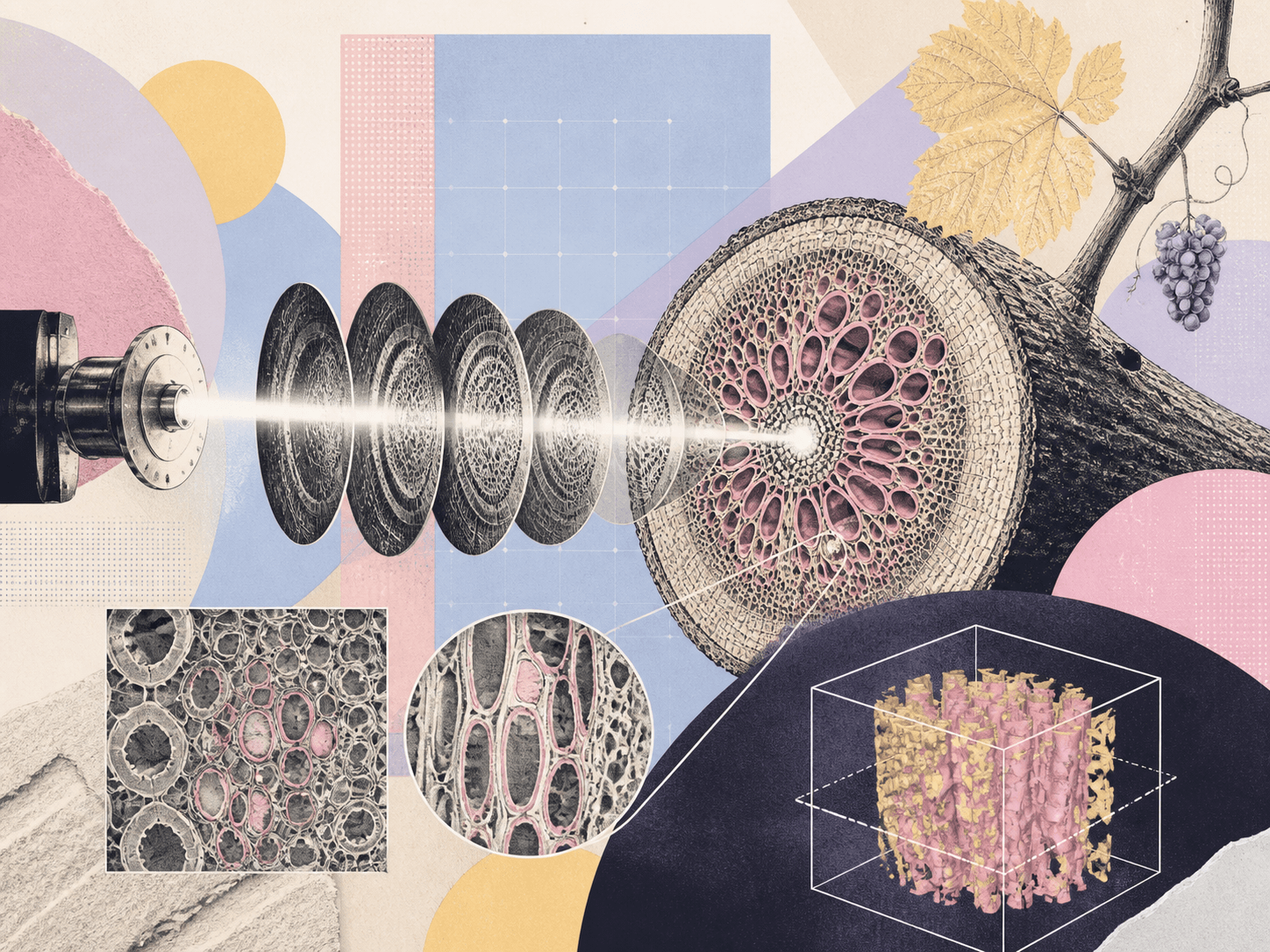 Collage científico de un haz de rayos X, cortes de un tallo de vid y una reconstrucción tridimensional