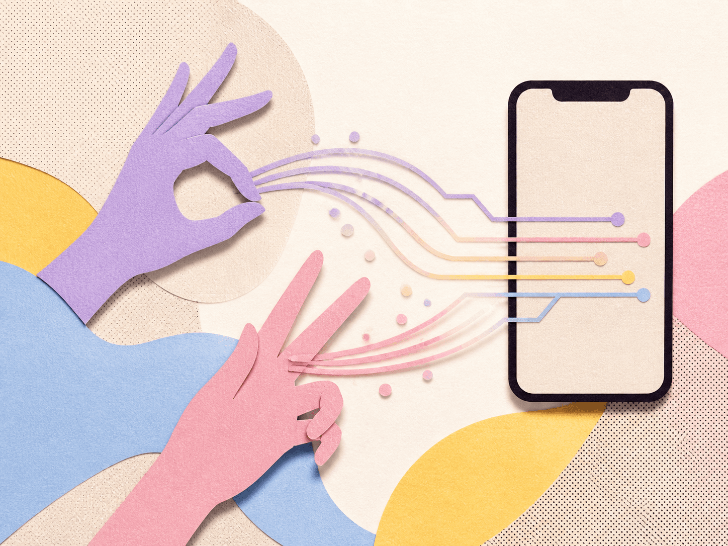 Collage editorial de manos en lengua de señas que convierten gestos en líneas de datos hacia un teléfono