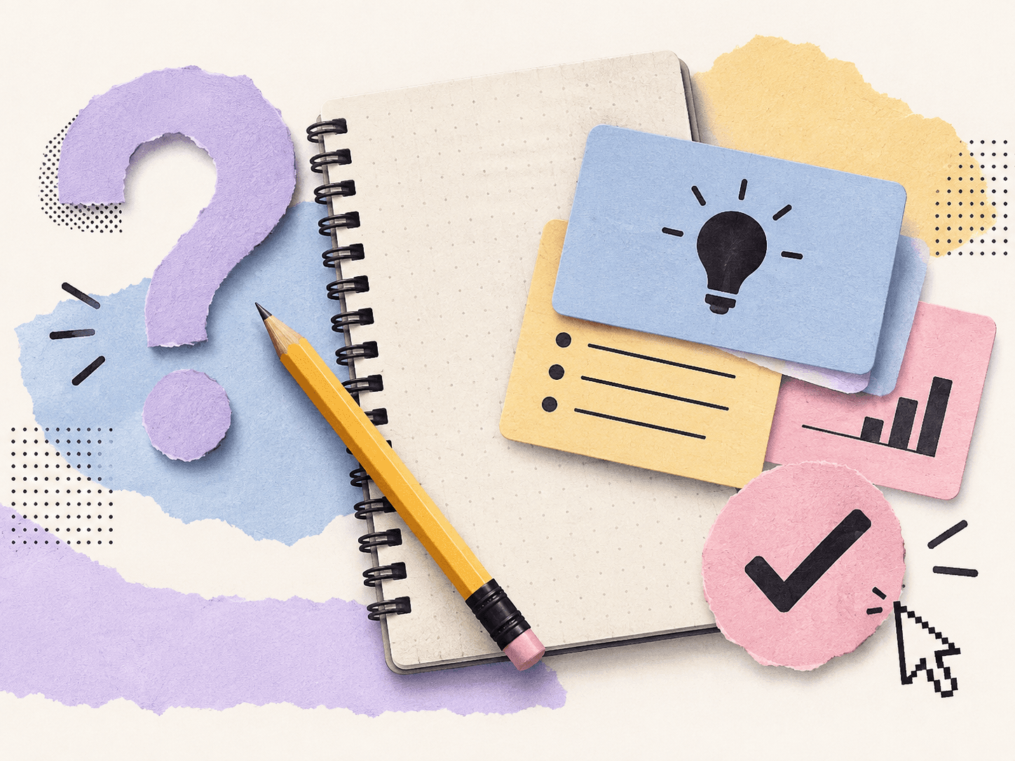Collage de un cuaderno, un lápiz, tarjetas de estudio y feedback
