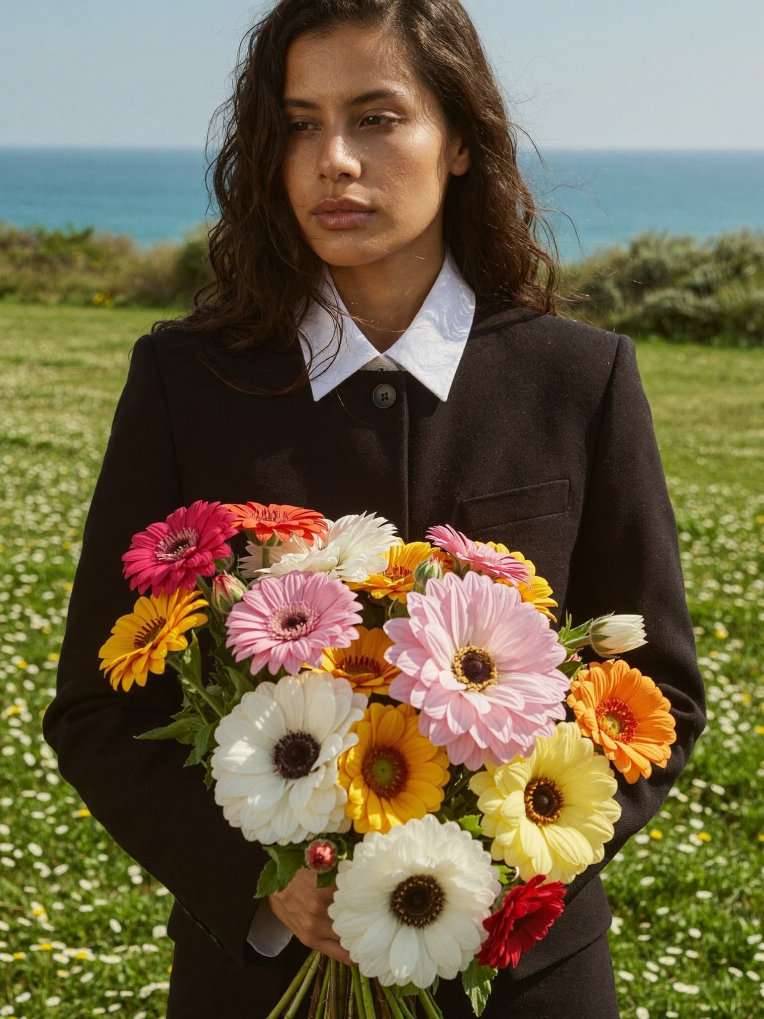 Nina Brenes sostiene un ramo de flores en un jardín